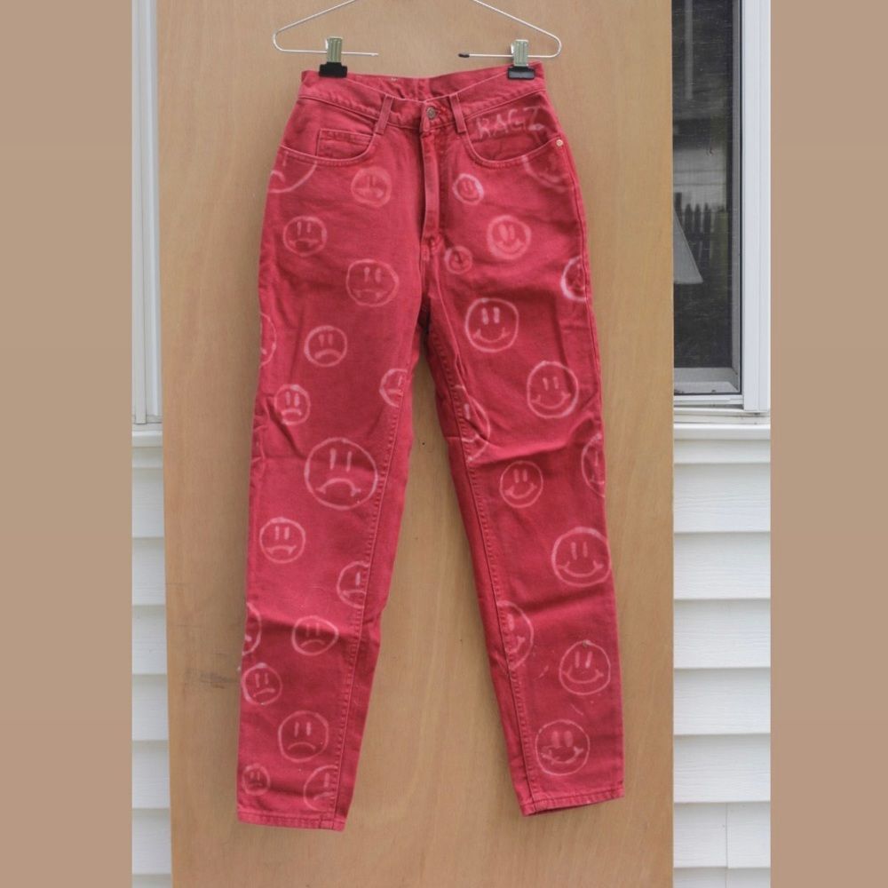 Reworked Vintage Lee Jeans Smiley Faces Happy Sad Red Sz 26 Deadstock Y2K Maroon